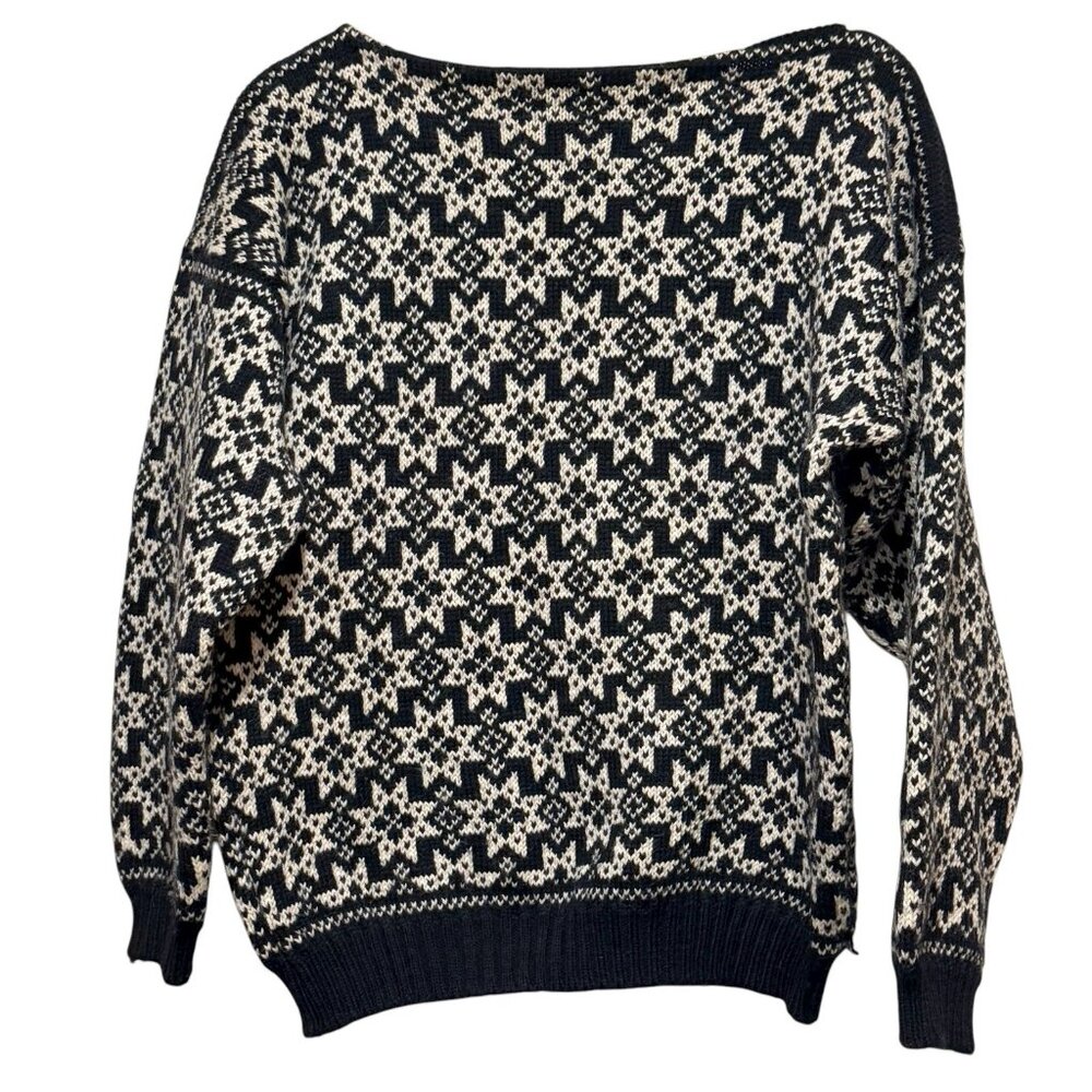 VTG VOSS Norwegian 100% Wool Ski Fair Isle Nordic Black Sweater Womens Medium - Picture 4 of 9